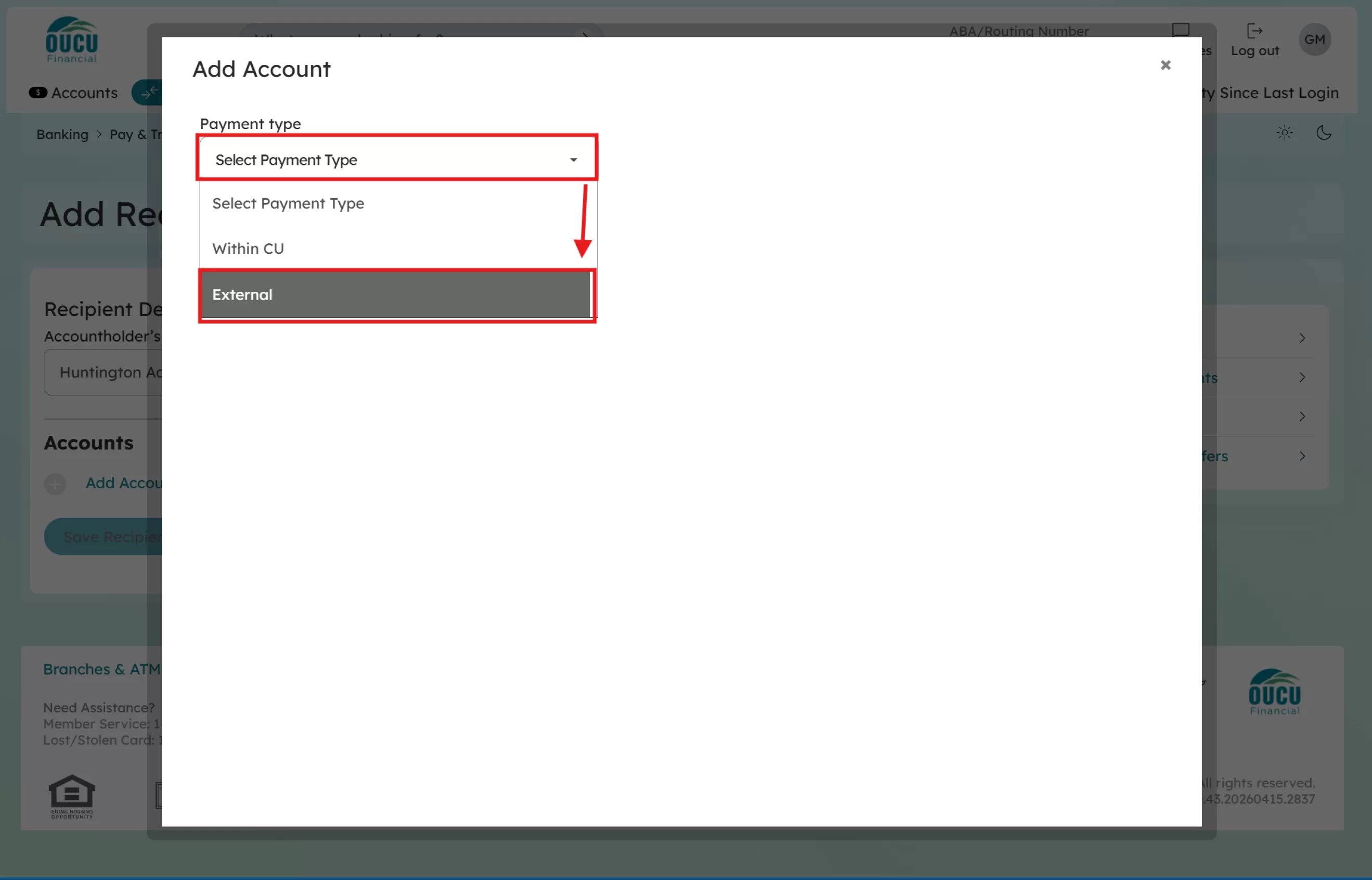 Click on the “Select Payment Type” drop down and then select the “External” option